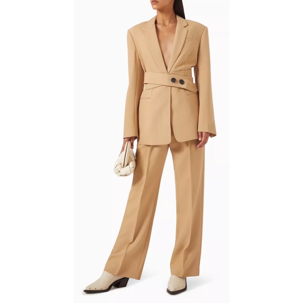 Shona Joy Irena Hourglass Single Tailored Breasted Belted Blazer Bone Beige US 8